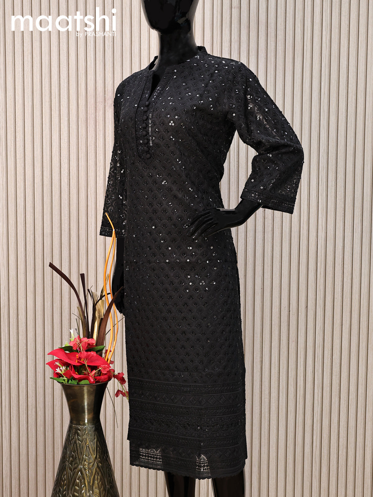 Semi georgette readymade kurti black with allover chikankari work without pant