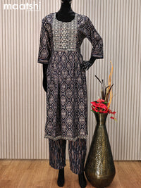 Modal readymade salwar suit navy blue with allover ajrakh prints & sequin work neck pattern and straight cut pant & printed dupatta