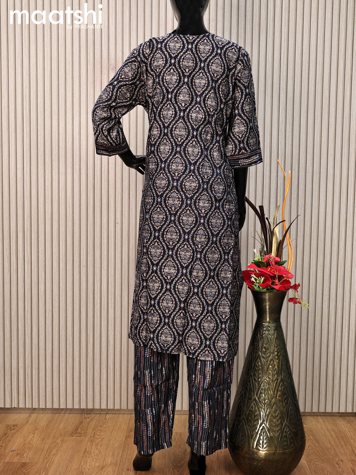 Modal readymade salwar suit navy blue with allover ajrakh prints & sequin work neck pattern and straight cut pant & printed dupatta