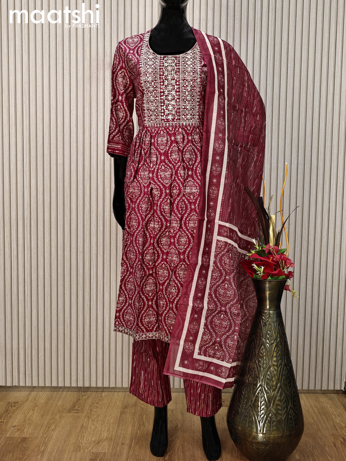 Modal readymade salwar suit maroon with allover ajrakh prints & sequin work neck pattern and straight cut pant & printed dupatta