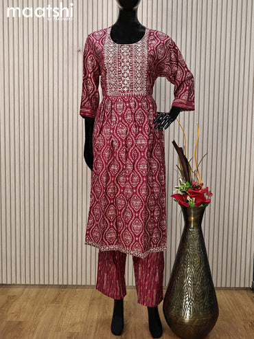 Modal readymade salwar suit maroon with allover ajrakh prints & sequin work neck pattern and straight cut pant & printed dupatta