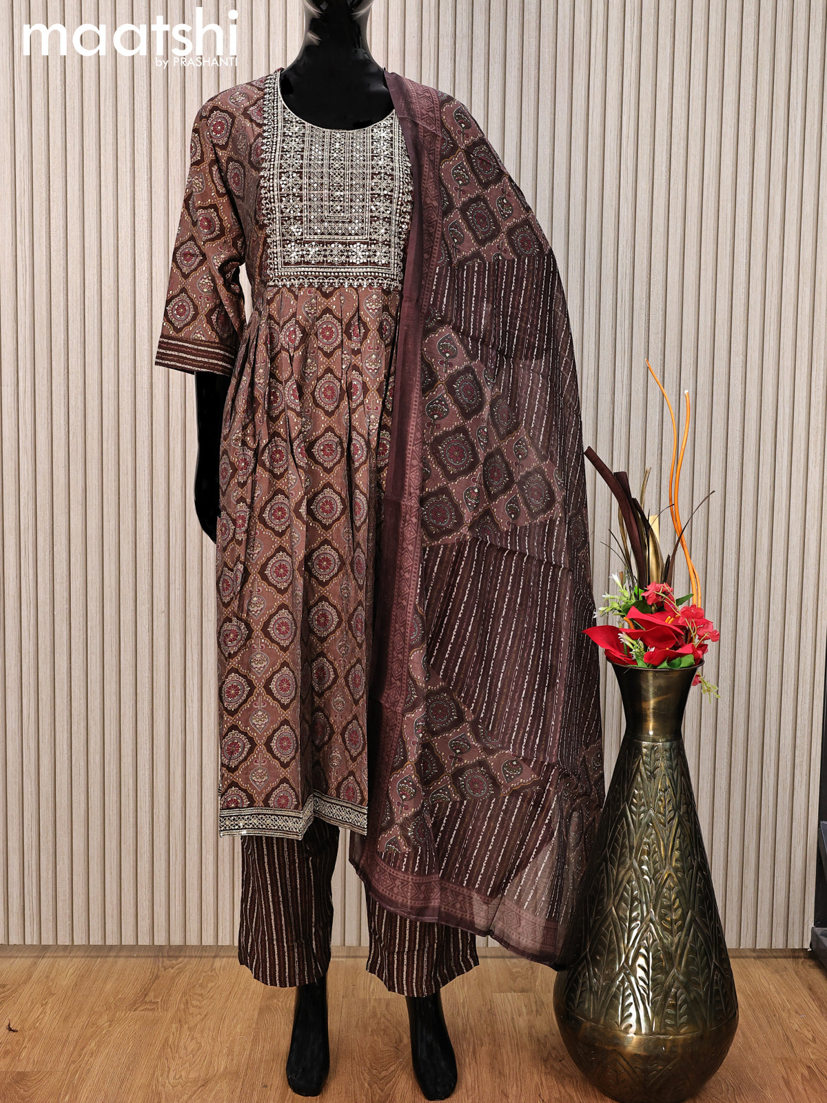 Modal readymade salwar suit brown with allover ajrakh prints & sequin work neck pattern and straight cut pant & printed dupatta