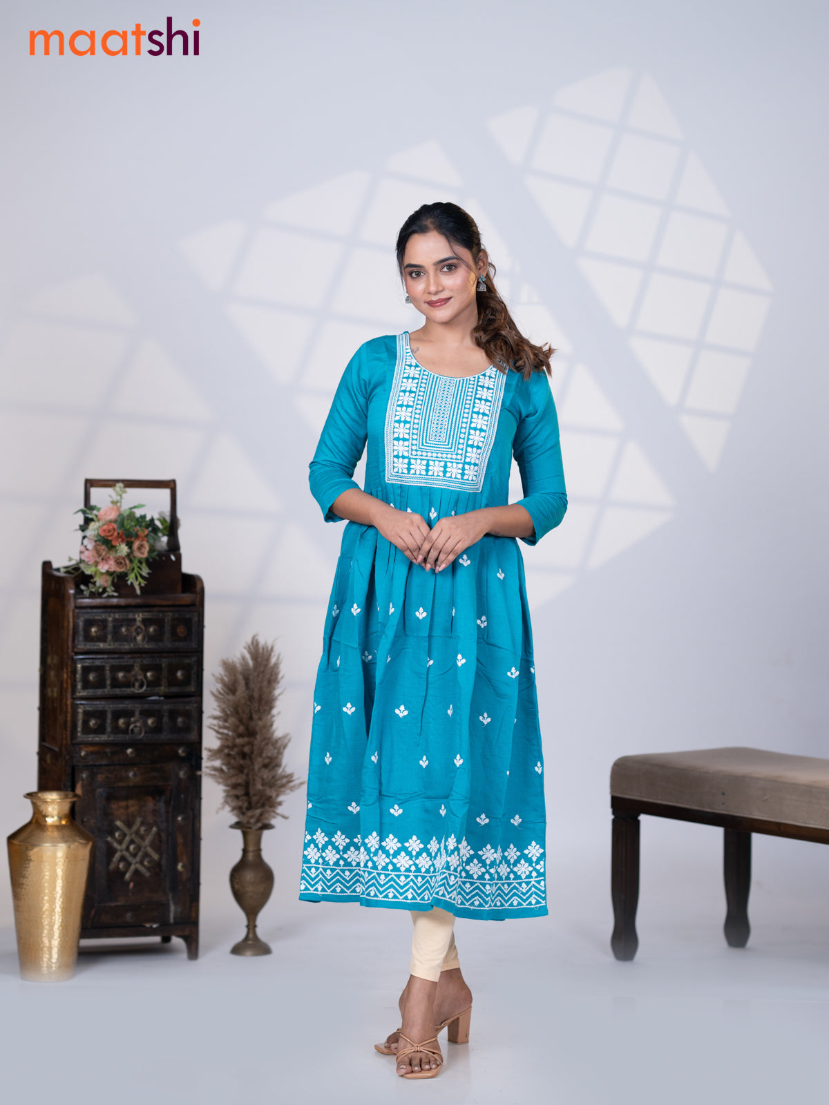 Rayon readymade umbrella kurti teal blue with embroidery work neck pattern without pant