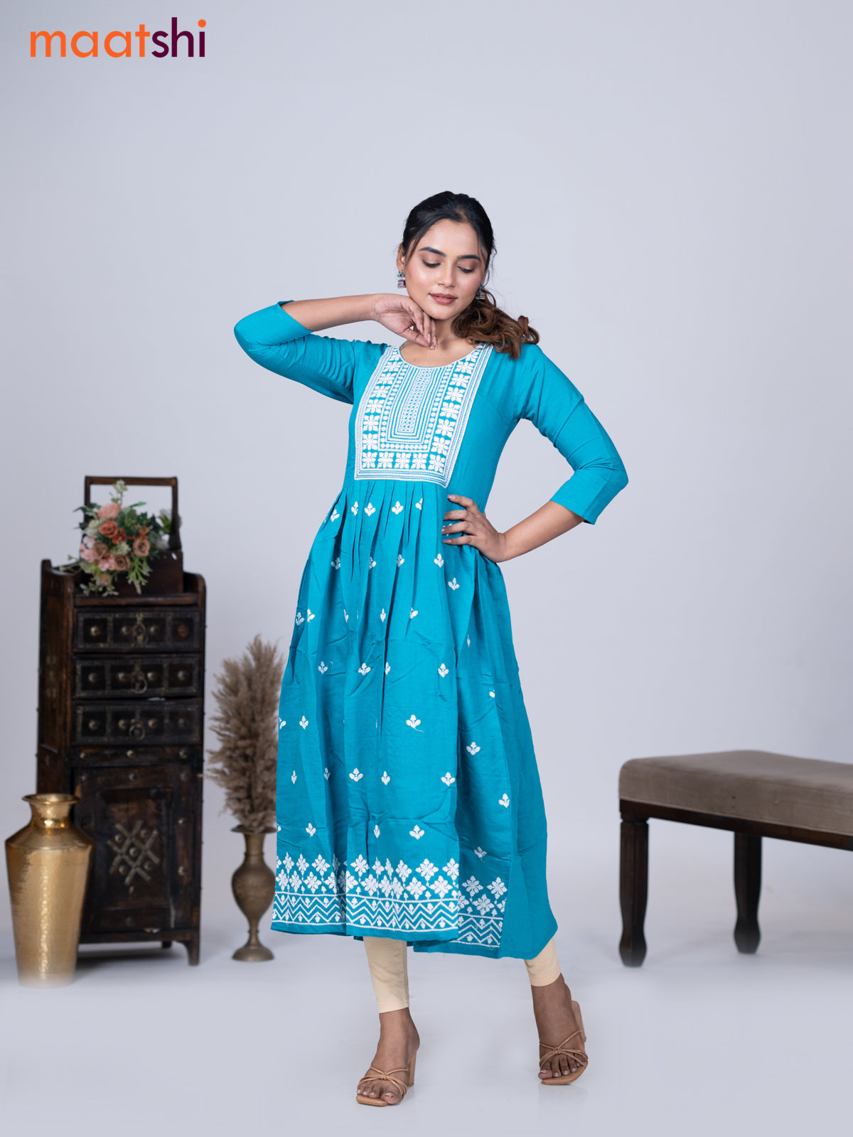 Rayon readymade umbrella kurti teal blue with embroidery work neck pattern without pant