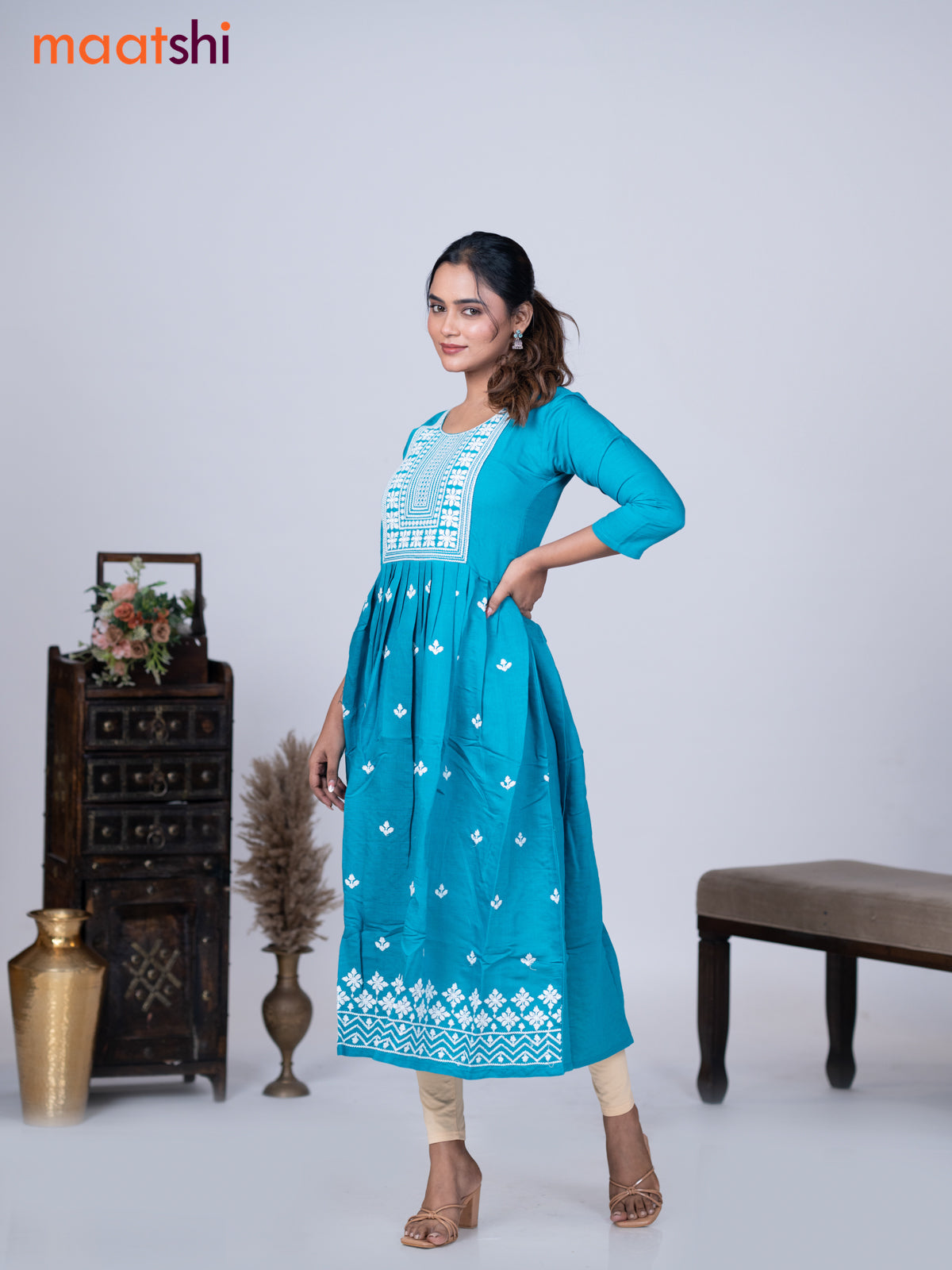 Rayon readymade umbrella kurti teal blue with embroidery work neck pattern without pant