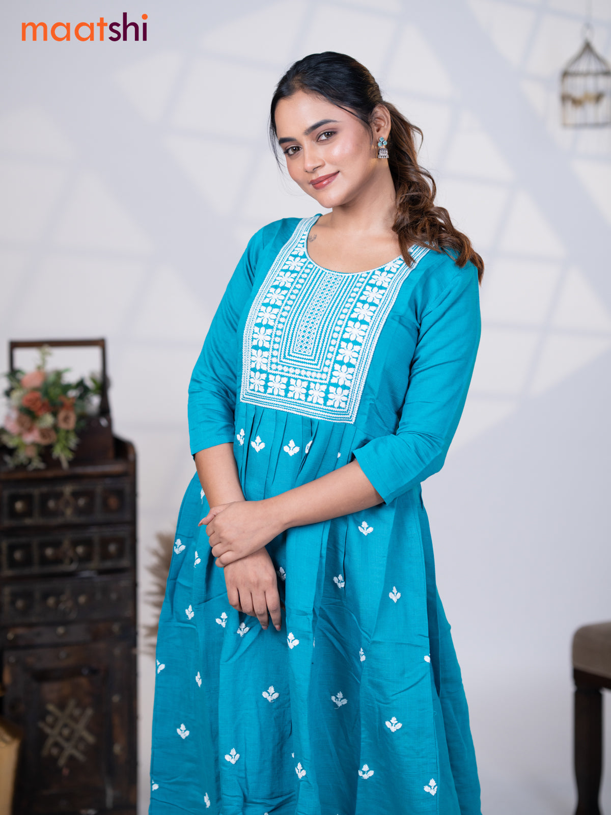 Rayon readymade umbrella kurti teal blue with embroidery work neck pattern without pant