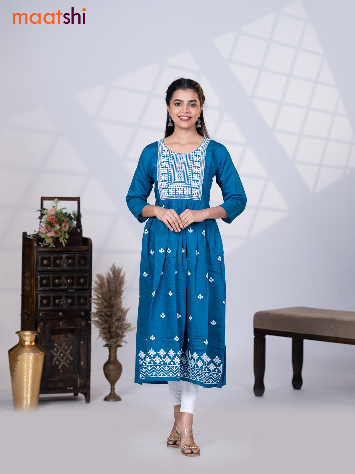 Rayon readymade umbrella kurti peacock blue with embroidery work neck pattern without pant