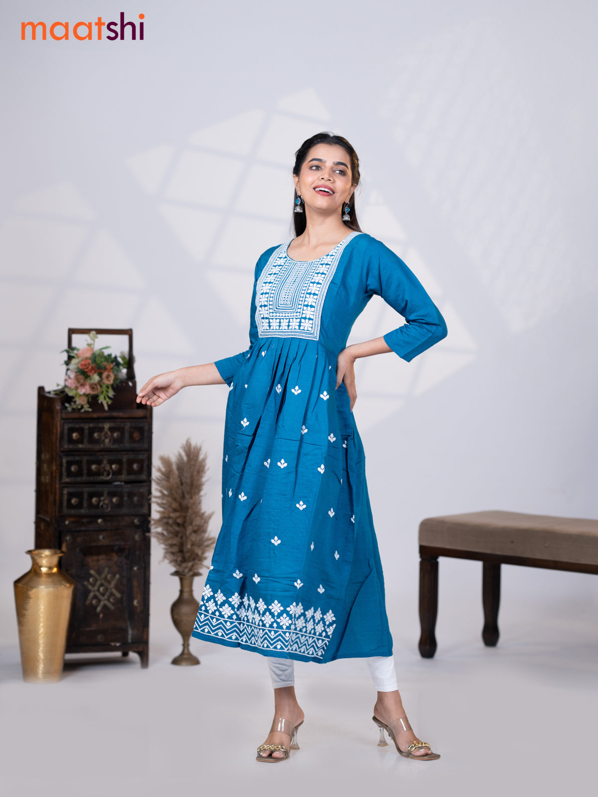 Rayon readymade umbrella kurti peacock blue with embroidery work neck pattern without pant