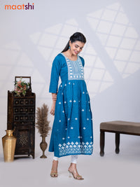 Rayon readymade umbrella kurti peacock blue with embroidery work neck pattern without pant