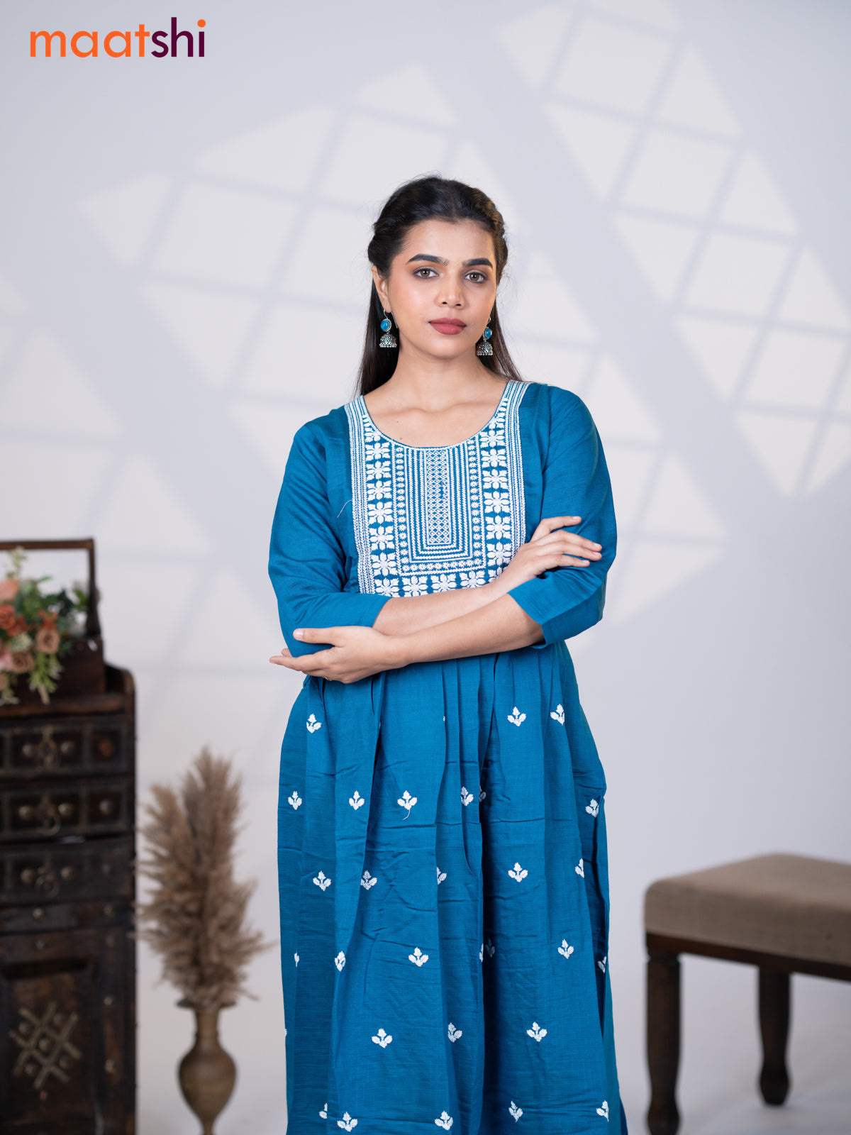 Rayon readymade umbrella kurti peacock blue with embroidery work neck pattern without pant