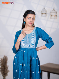 Rayon readymade umbrella kurti peacock blue with embroidery work neck pattern without pant