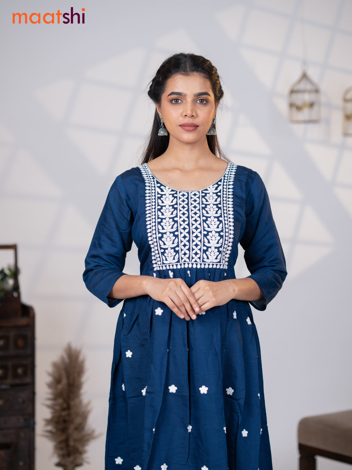 Rayon readymade umbrella kurti navy blue with embroidery work neck pattern without pant