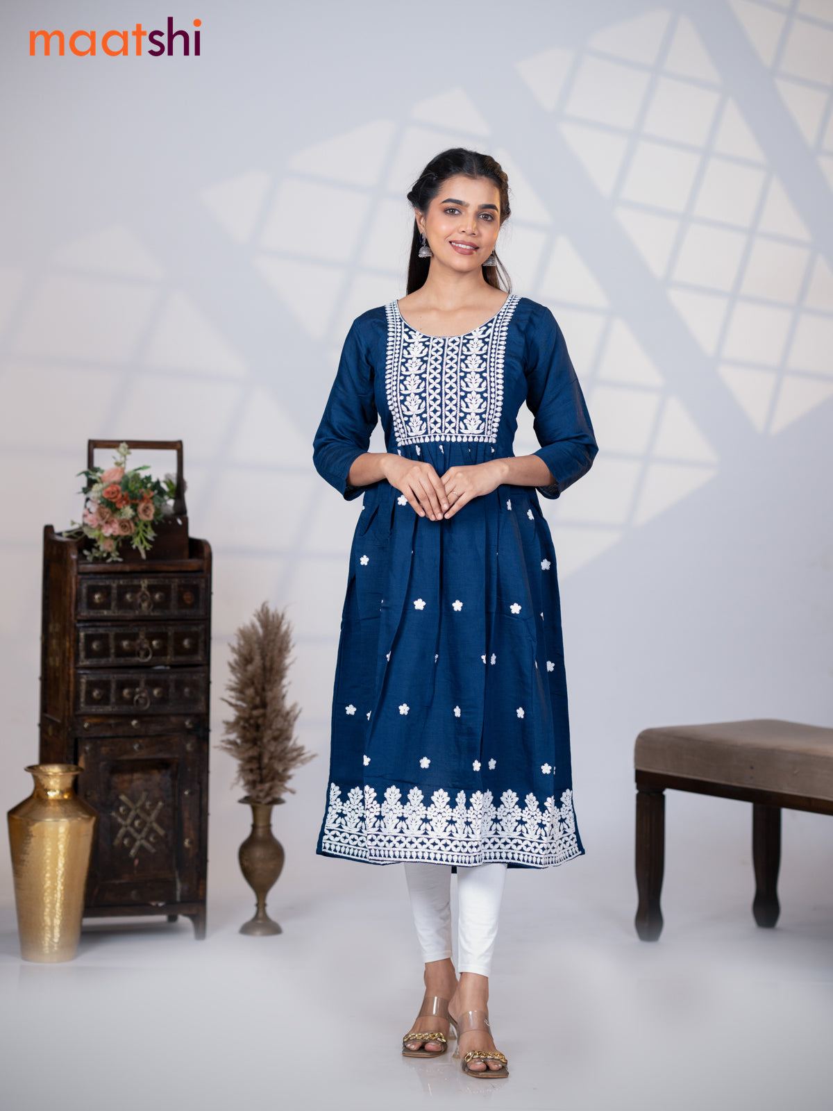 Rayon readymade umbrella kurti navy blue with embroidery work neck pattern without pant