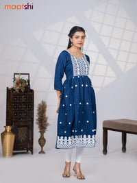 Rayon readymade umbrella kurti navy blue with embroidery work neck pattern without pant