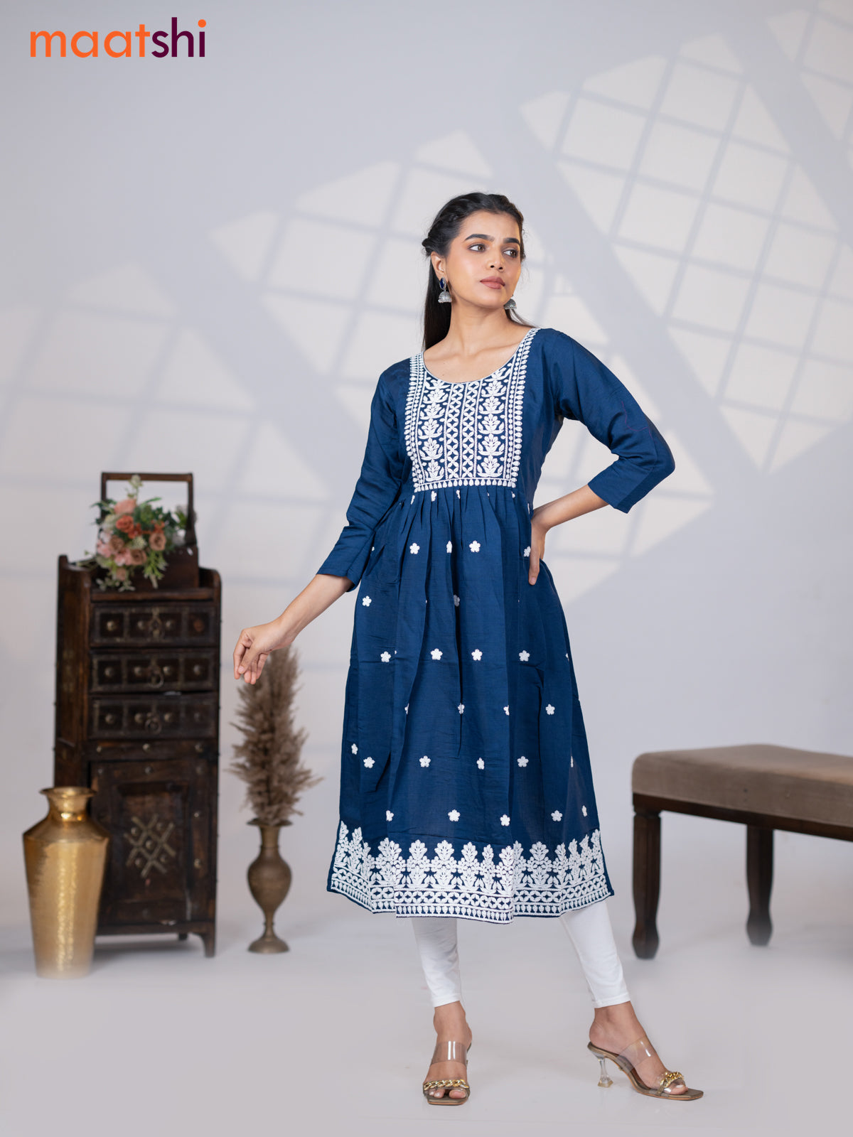 Rayon readymade umbrella kurti navy blue with embroidery work neck pattern without pant