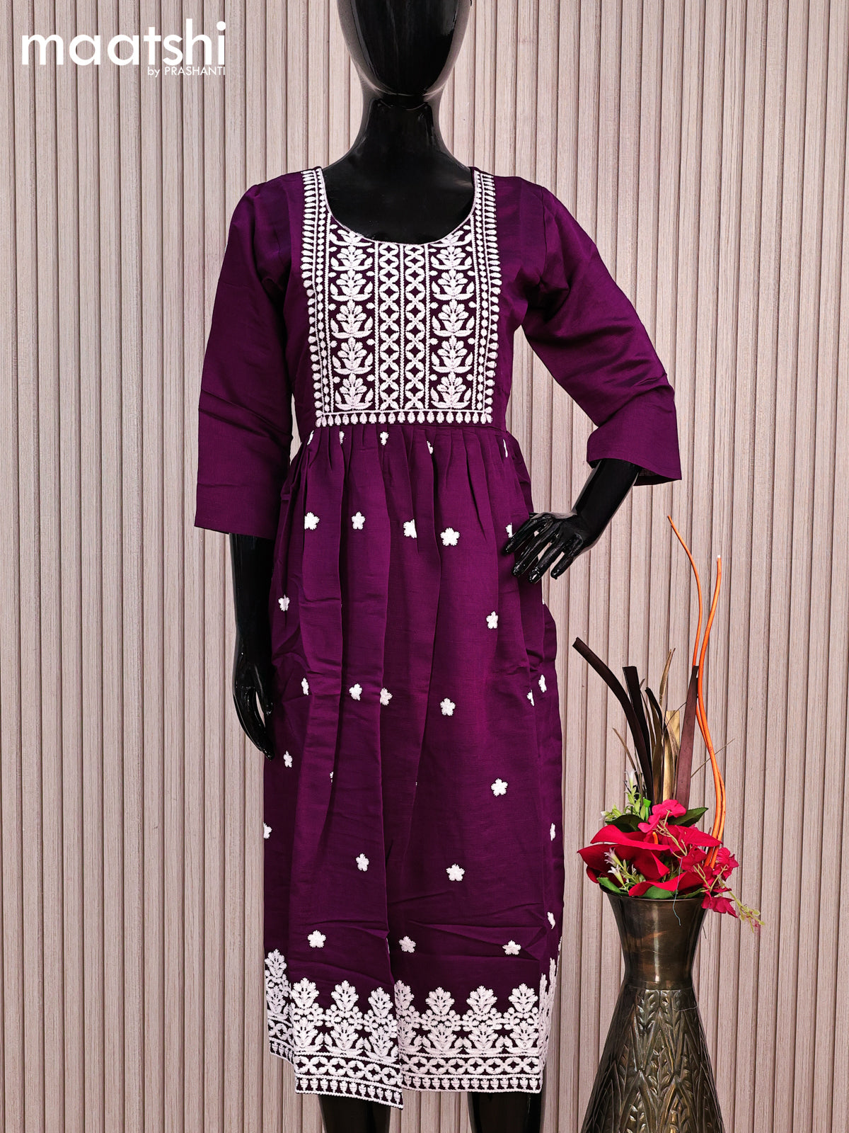 Rayon readymade umbrella kurti purple with embroidery work neck pattern without pant