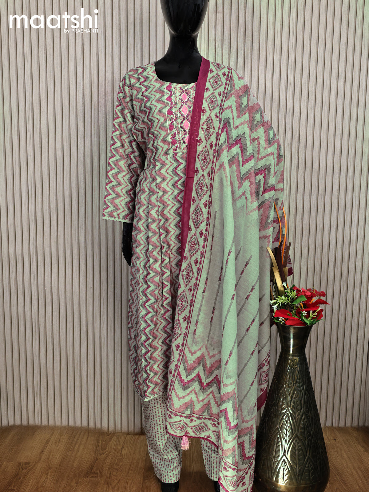 Modal readymade salwar suits pastel green shade and magenta pink with allover zig zag prints & embroidery mirror work neck pattern and straight cut pant & printed dupatta