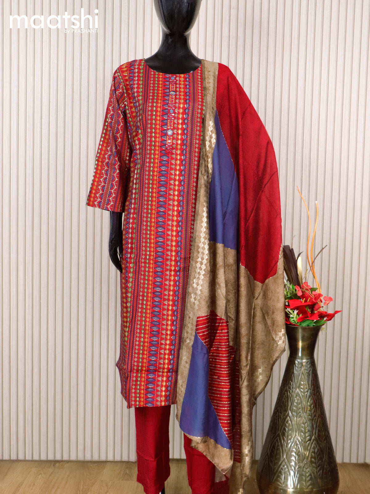 Modal readymade salwar suits red with allover prints & mirror work neck pattern and straight cut pant & printed dupatta