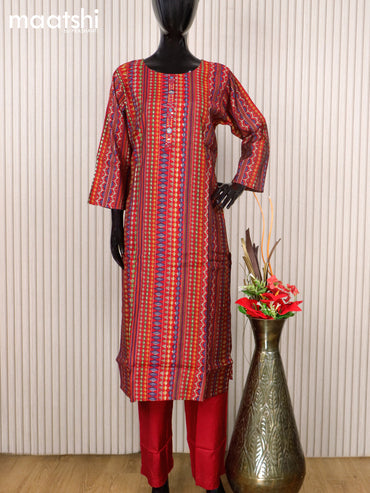 Modal readymade salwar suits red with allover prints & mirror work neck pattern and straight cut pant & printed dupatta