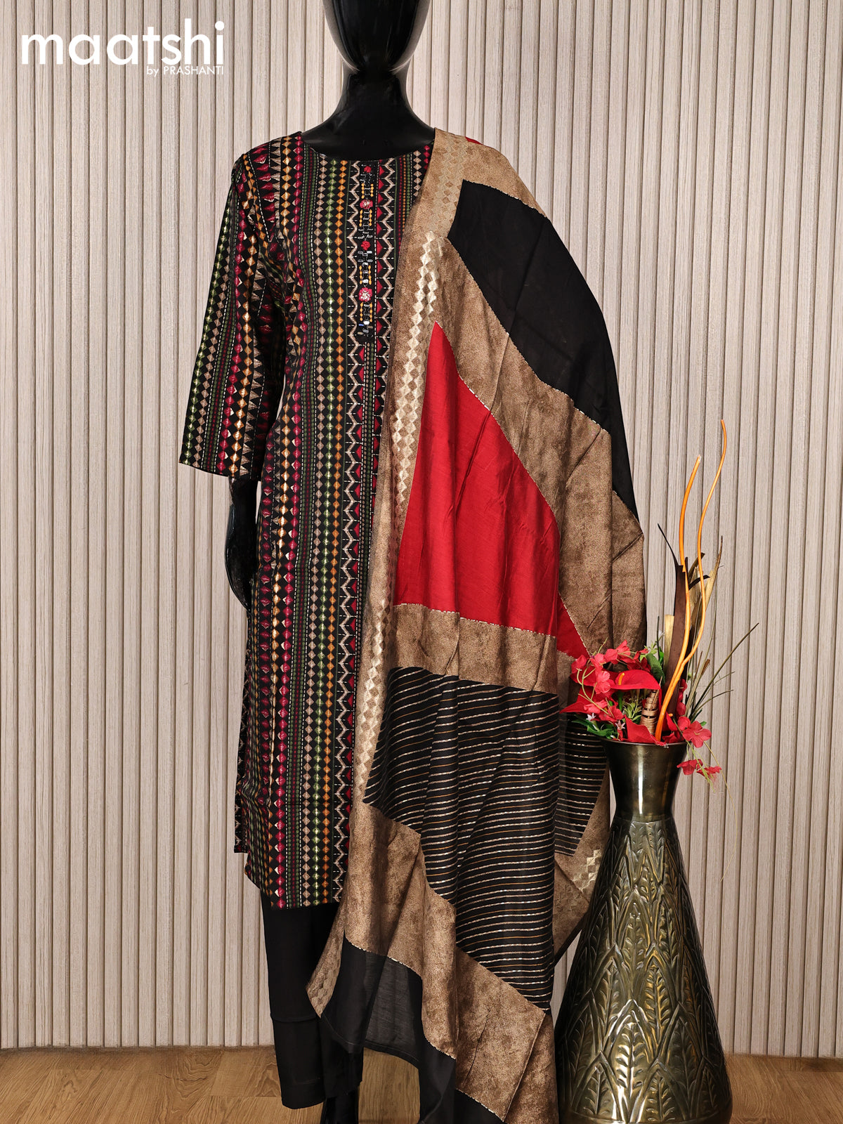 Modal readymade salwar suits black with allover prints & mirror work neck pattern and straight cut pant & printed dupatta