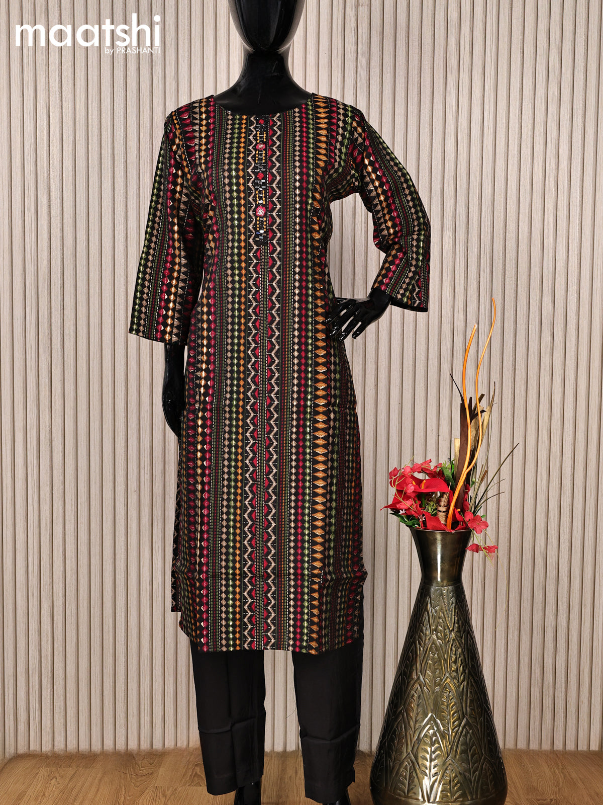 Modal readymade salwar suits black with allover prints & mirror work neck pattern and straight cut pant & printed dupatta