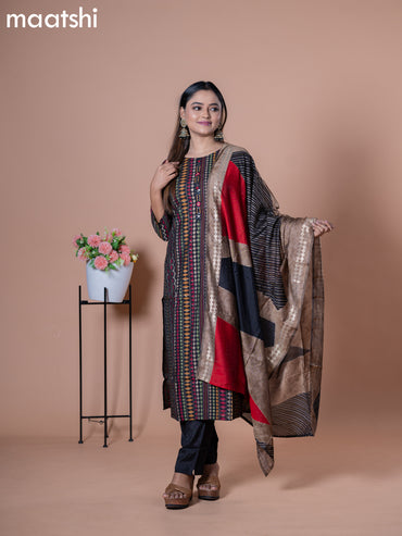 Modal readymade salwar suits black with allover prints & mirror work neck pattern and straight cut pant & printed dupatta