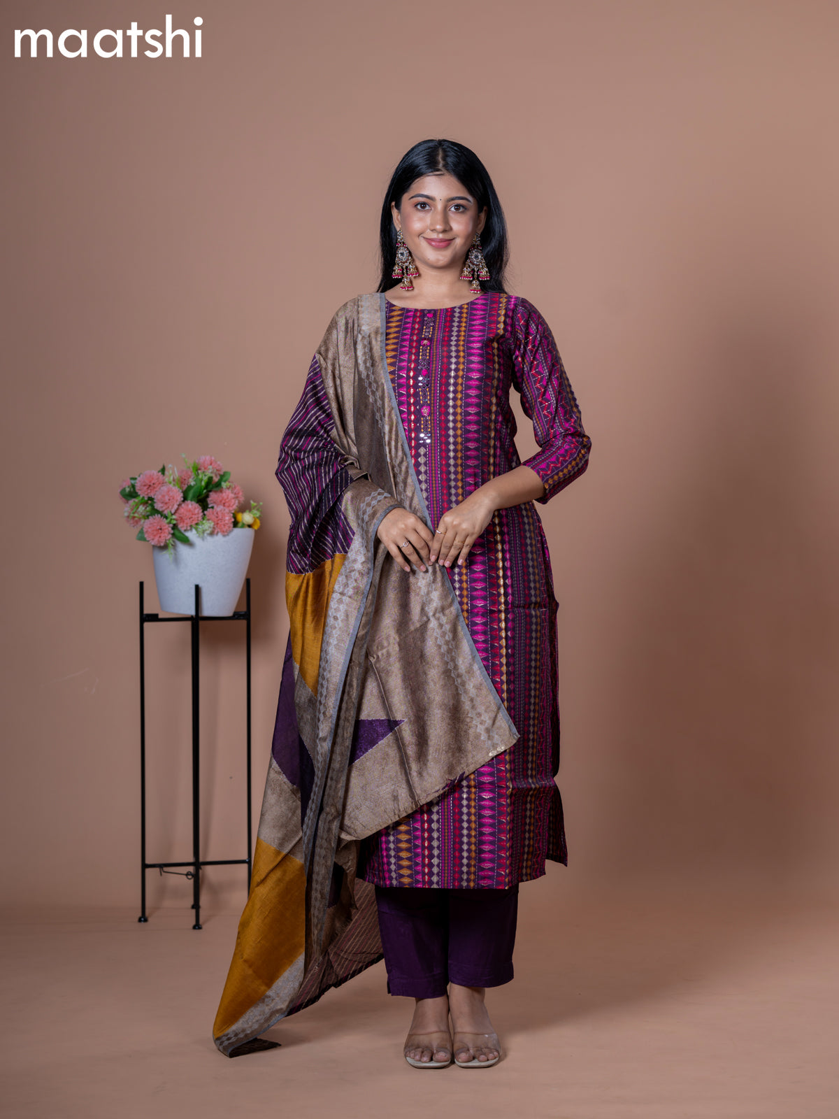 Modal readymade salwar suits deep purple with allover prints & mirror work neck pattern and straight cut pant & printed dupatta