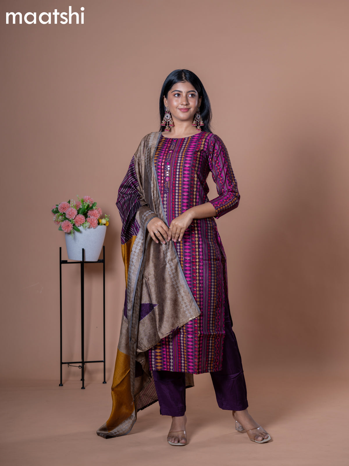 Modal readymade salwar suits deep purple with allover prints & mirror work neck pattern and straight cut pant & printed dupatta