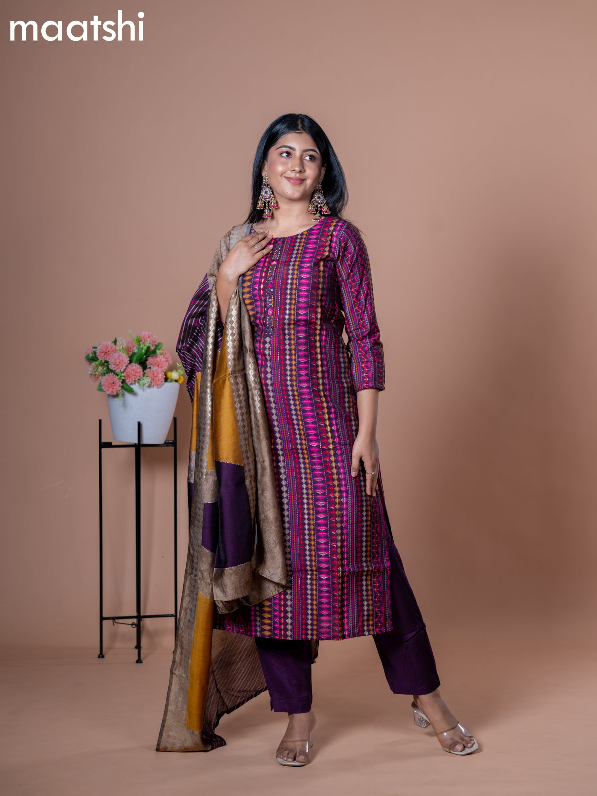 Modal readymade salwar suits deep purple with allover prints & mirror work neck pattern and straight cut pant & printed dupatta