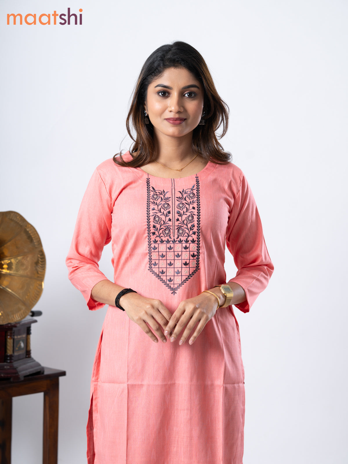 Rayon kurti peach pink with embroidery work neck pattern without pant