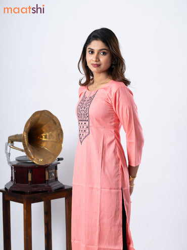 Rayon kurti peach pink with embroidery work neck pattern without pant