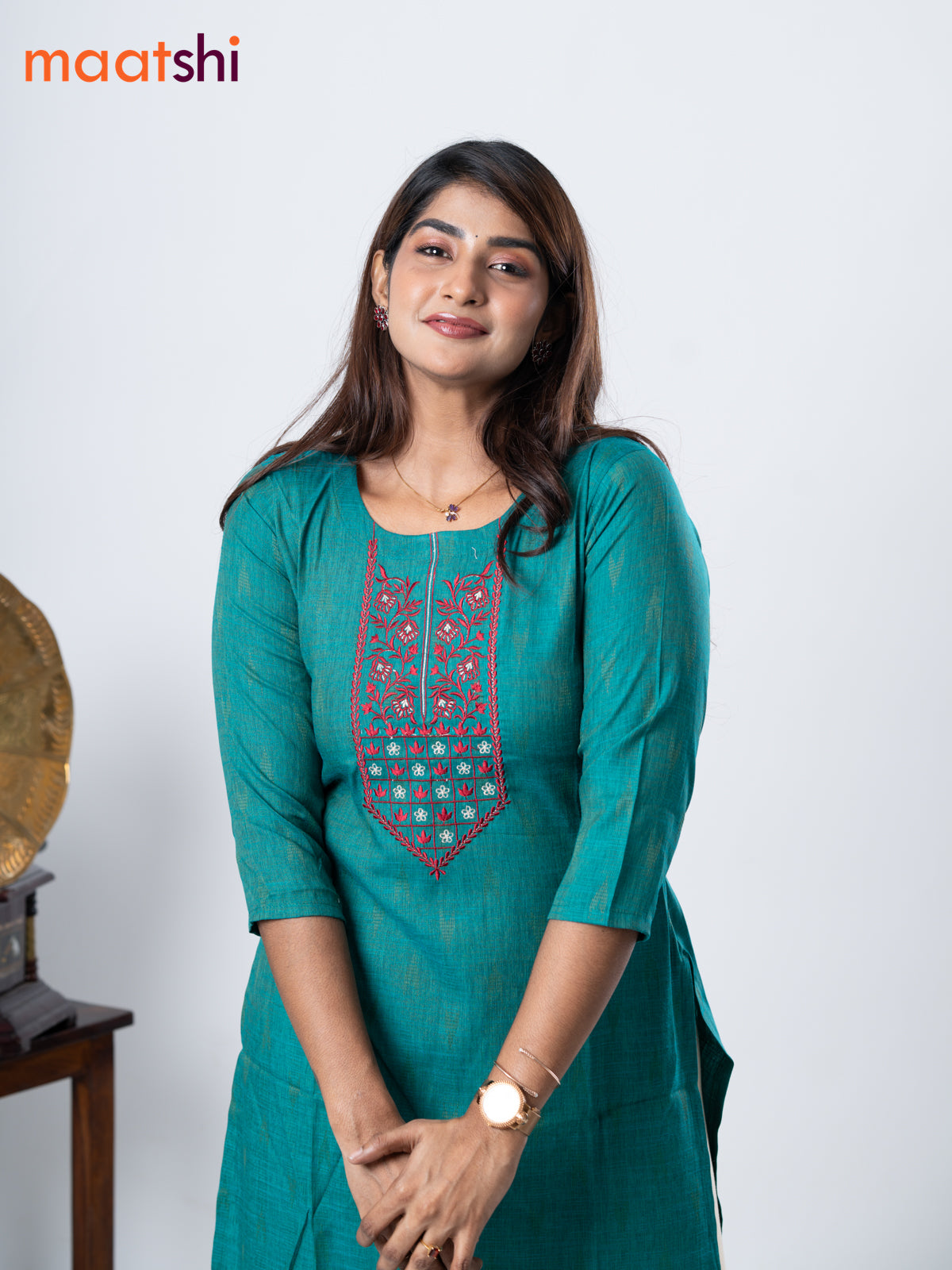 Rayon kurti teal green with embroidery work neck pattern without pant