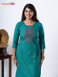 Rayon kurti teal green with embroidery work neck pattern without pant