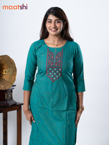 Rayon kurti teal green with embroidery work neck pattern without pant