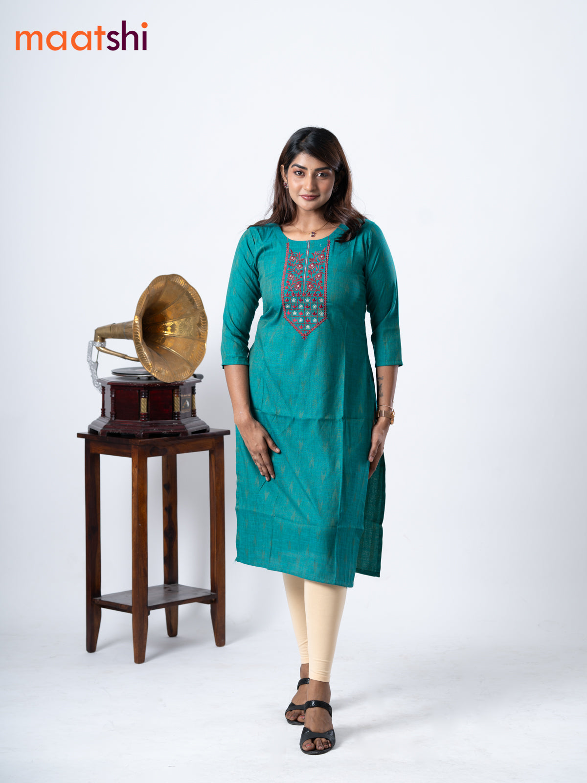 Rayon kurti teal green with embroidery work neck pattern without pant