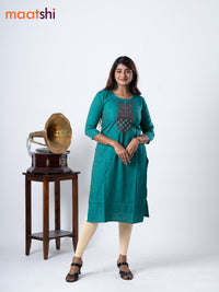 Rayon kurti teal green with embroidery work neck pattern without pant