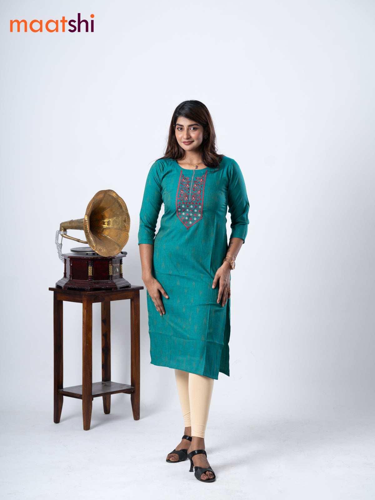 Rayon kurti teal green with embroidery work neck pattern without pant