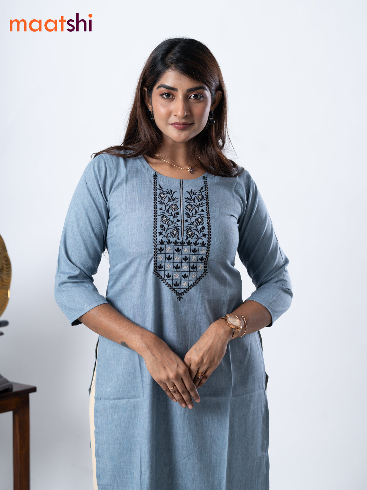 Rayon kurti grey with embroidery work neck pattern without pant