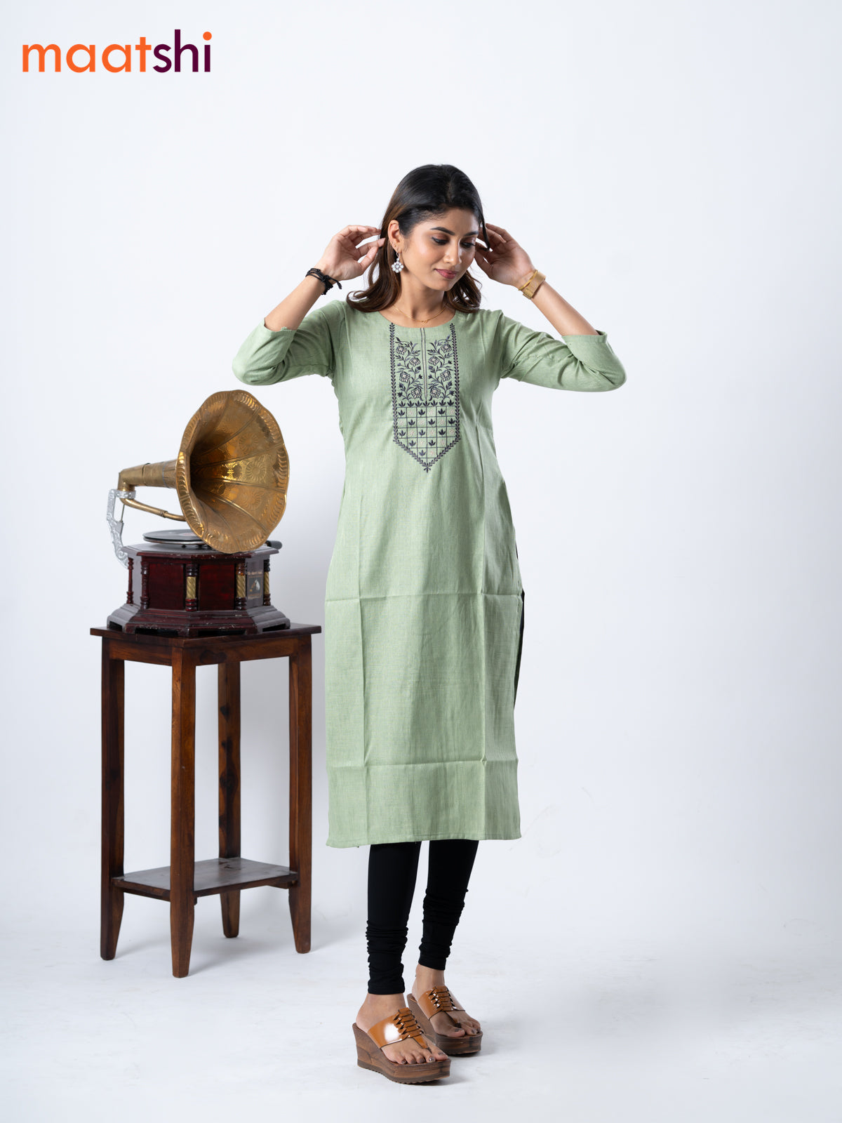 Rayon kurti pastel green with embroidery work neck pattern without pant