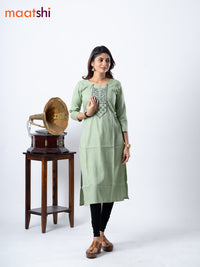 Rayon kurti pastel green with embroidery work neck pattern without pant