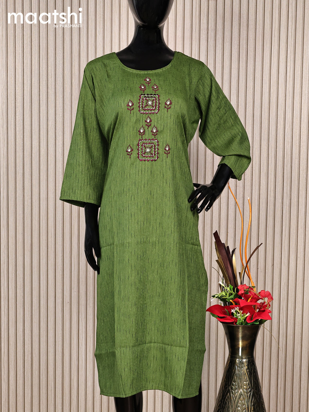 Rayon readymade kurti green with embroidery work neck pattern without pant