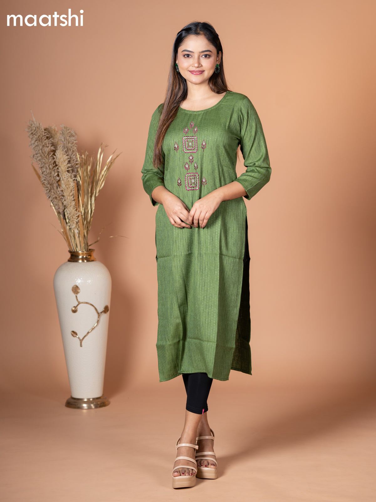 Rayon kurti green with embroidery work neck pattern without pant