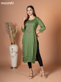 Rayon kurti green with embroidery work neck pattern without pant