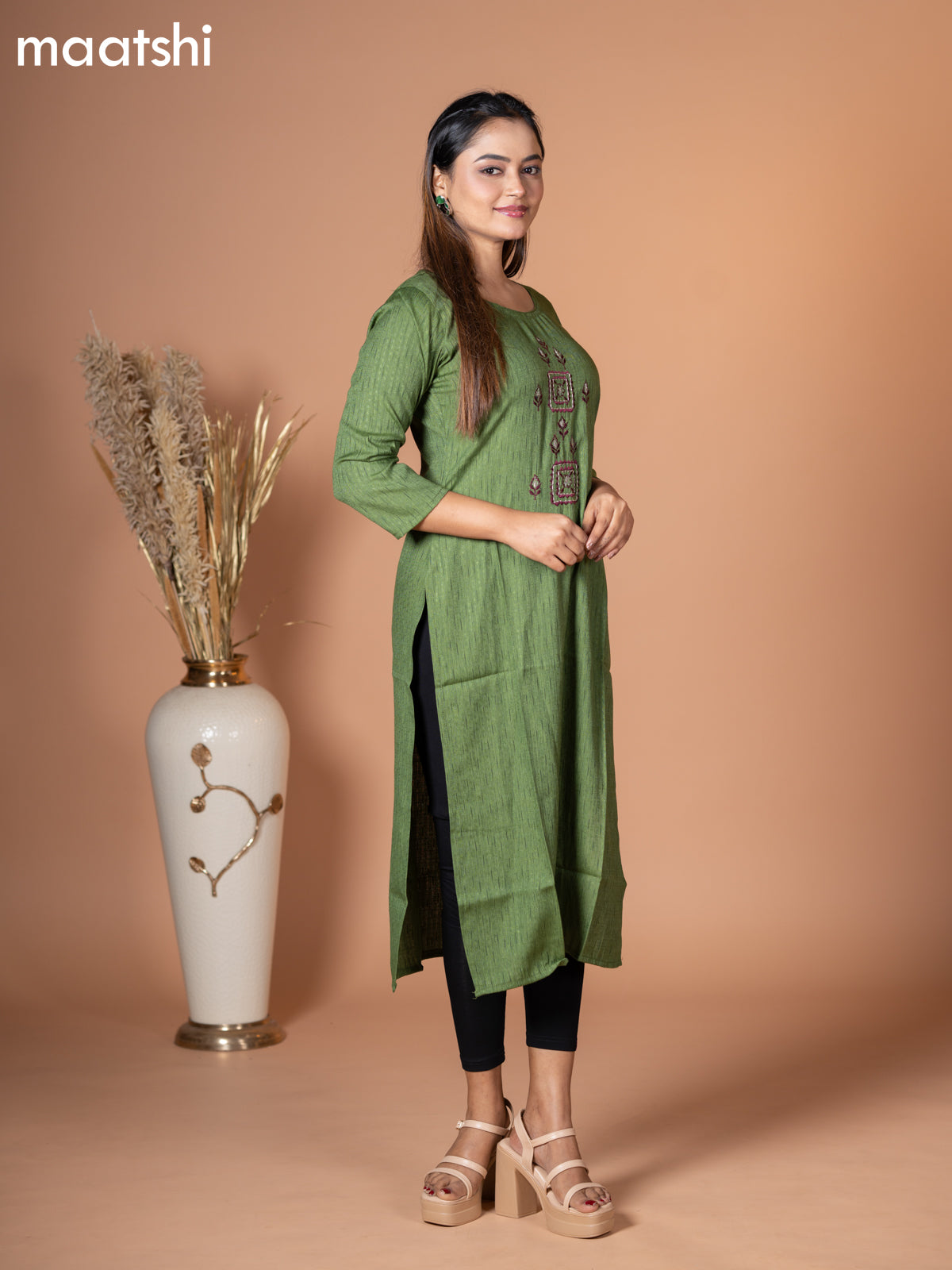 Rayon kurti green with embroidery work neck pattern without pant