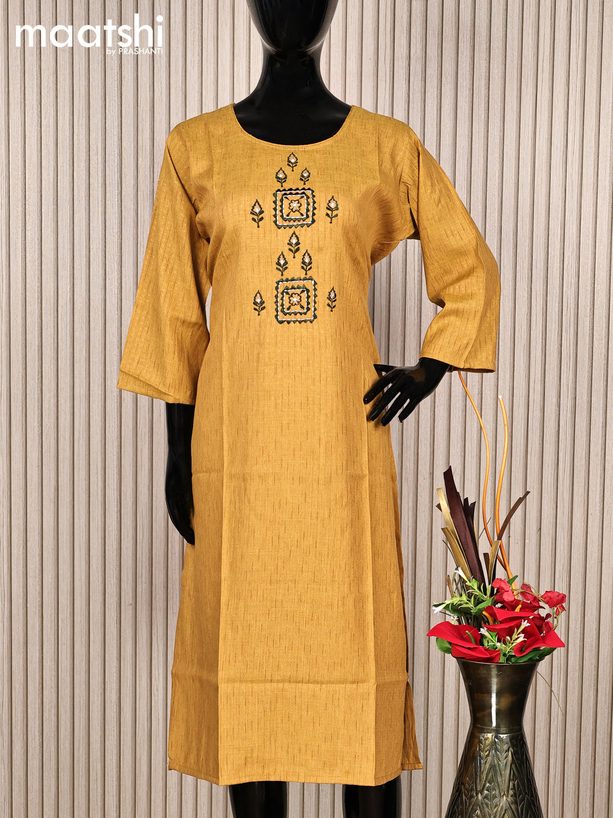 Rayon readymade kurti mustard shade with embroidery work neck pattern without pant