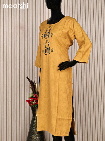 Rayon readymade kurti mustard shade with embroidery work neck pattern without pant