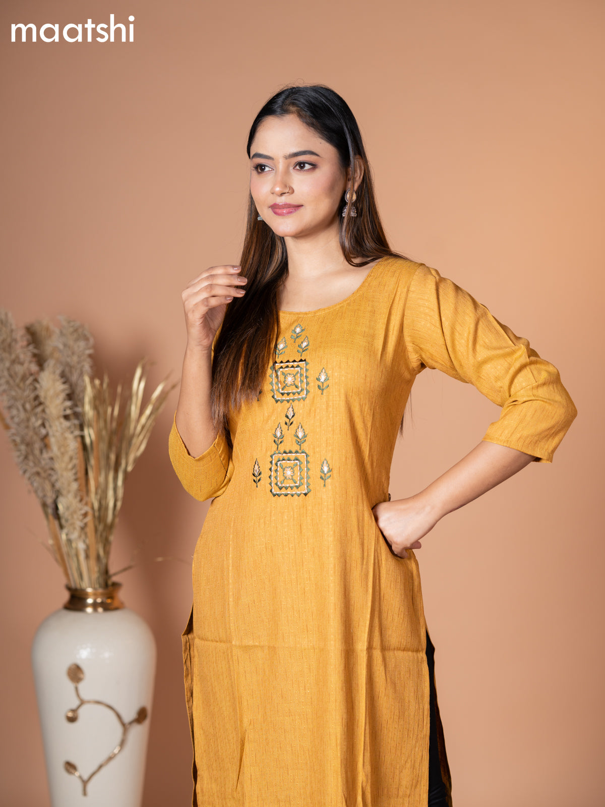 Rayon kurti mustard shade with embroidery work neck pattern without pant