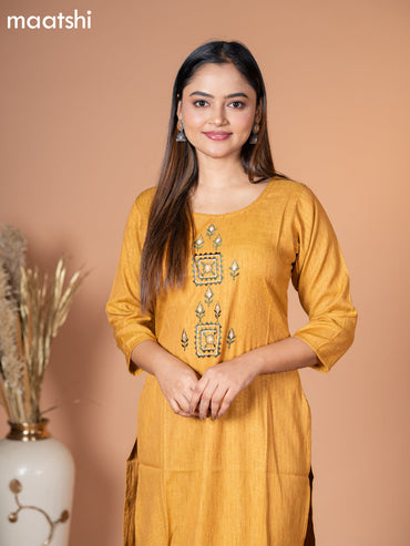 Rayon kurti mustard shade with embroidery work neck pattern without pant