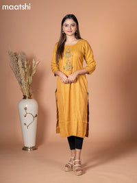 Rayon kurti mustard shade with embroidery work neck pattern without pant