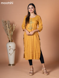 Rayon kurti mustard shade with embroidery work neck pattern without pant